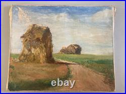 Peinture Huile Sur Toile Montagne Paille Foin Champ Paysan 1950 À Identifier Art