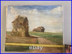 Peinture Huile Sur Toile Montagne Paille Foin Champ Paysan 1950 À Identifier Art