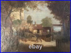 Peinture Huile Sur Toile Scène De Village Charrette Paysage XIXe Ancien Art 1850 Peinture Huile Sur Toile Scène De Village Charrette Paysage XIXe Ancien Art 1850