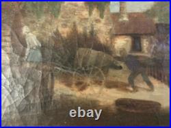 Peinture Huile Sur Toile Scène De Village Charrette Paysage XIXe Ancien Art 1850