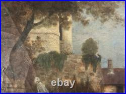Peinture Huile Sur Toile Scène De Village Charrette Paysage XIXe Ancien Art 1850