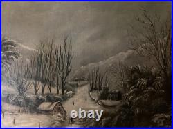 Peinture Huile Sur Toile Scène De Village Neige W H Fletcher Paysage XIXe Ancien