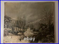 Peinture Huile Sur Toile Scène De Village Neige W H Fletcher Paysage XIXe Ancien