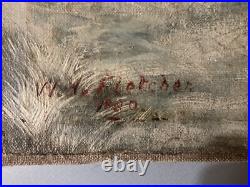 Peinture Huile Sur Toile Scène De Village Neige W H Fletcher Paysage XIXe Ancien