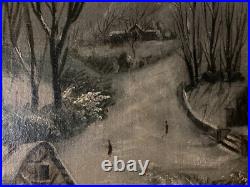 Peinture Huile Sur Toile Scène De Village Neige W H Fletcher Paysage XIXe Ancien