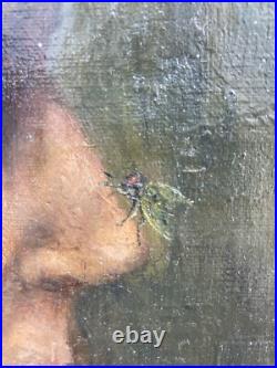 Peinture Huile Sur Toile Signé marguerite jacquelin Portrait mouche curiosité