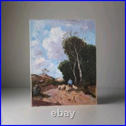 Peinture Huile Sur Toile Un Berger Et Son Troupeau Tableau Paysage Signé