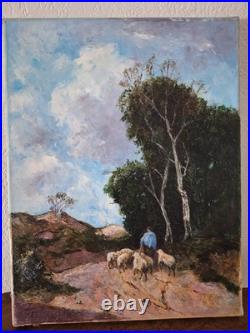 Peinture Huile Sur Toile Un Berger Et Son Troupeau Tableau Paysage Signé