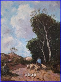 Peinture Huile Sur Toile Un Berger Et Son Troupeau Tableau Paysage Signé