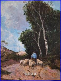 Peinture Huile Sur Toile Un Berger Et Son Troupeau Tableau Paysage Signé