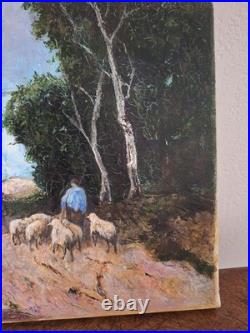Peinture Huile Sur Toile Un Berger Et Son Troupeau Tableau Paysage Signé