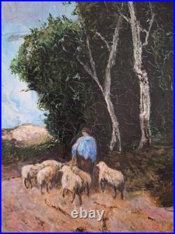 Peinture Huile Sur Toile Un Berger Et Son Troupeau Tableau Paysage Signé
