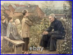 Peinture Huile Toile Painting 1930 Copie Leçon De Catéchisme Prêtre Enfant Jesus