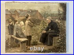 Peinture Huile Toile Painting 1930 Copie Leçon De Catéchisme Prêtre Enfant Jesus