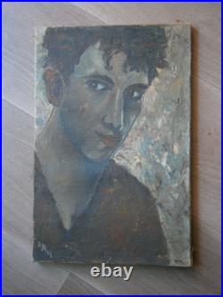 Peinture Huile sur toile Portrait Jeune homme c-1950 Ancien 41x27