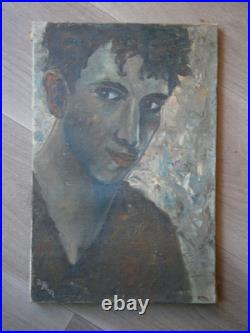 Peinture Huile sur toile Portrait Jeune homme c-1950 Ancien 41x27