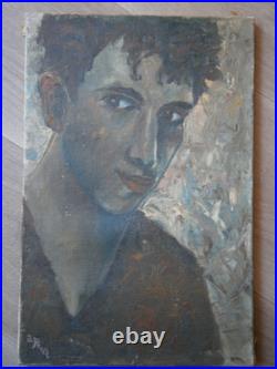 Peinture Huile sur toile Portrait Jeune homme c-1950 Ancien 41x27