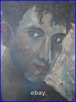 Peinture Huile sur toile Portrait Jeune homme c-1950 Ancien 41x27