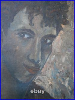 Peinture Huile sur toile Portrait Jeune homme c-1950 Ancien 41x27