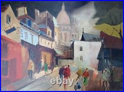 Peinture Huile vue de Montmartre. 1957. Monogramme E. D. 70,5 x 61,5 cm