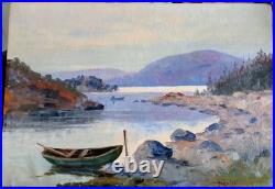 Peinture Paysage Lac Montagne Barque Huile sur Toile Scandinave 65-45 cm