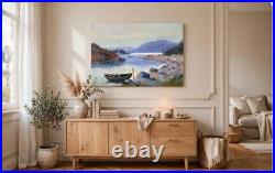 Peinture Paysage Lac Montagne Barque Huile sur Toile Scandinave 65-45 cm