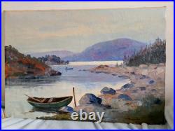 Peinture Paysage Lac Montagne Barque Huile sur Toile Scandinave 65-45 cm