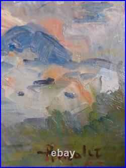 Peinture Paysage Lac Montagne Barque Huile sur Toile Scandinave 65-45 cm