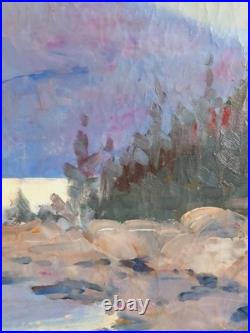 Peinture Paysage Lac Montagne Barque Huile sur Toile Scandinave 65-45 cm