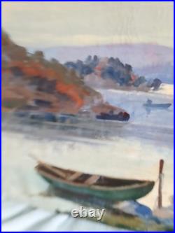 Peinture Paysage Lac Montagne Barque Huile sur Toile Scandinave 65-45 cm