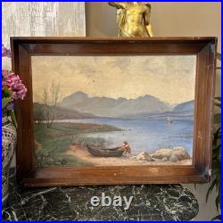 Peinture XIX Ème Représentant Un Pêcheur Poussant Sa Barque, Huile Sur Toile