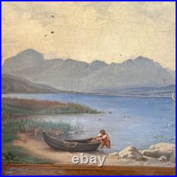 Peinture XIX Ème Représentant Un Pêcheur Poussant Sa Barque, Huile Sur Toile