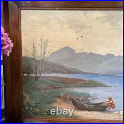 Peinture XIX Ème Représentant Un Pêcheur Poussant Sa Barque, Huile Sur Toile