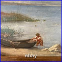 Peinture XIX Ème Représentant Un Pêcheur Poussant Sa Barque, Huile Sur Toile