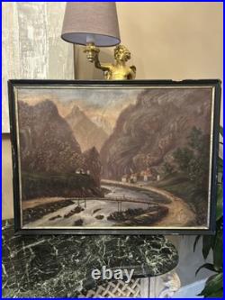 Peinture XIX Ème Signée Représentant Un Village De Montagne, Huile Sur Toile