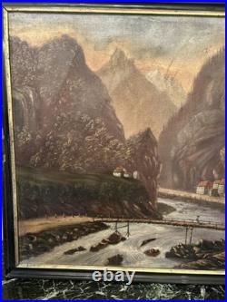 Peinture XIX Ème Signée Représentant Un Village De Montagne, Huile Sur Toile