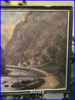 Peinture XIX Ème Signée Représentant Un Village De Montagne, Huile Sur Toile