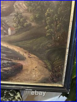 Peinture XIX Ème Signée Représentant Un Village De Montagne, Huile Sur Toile