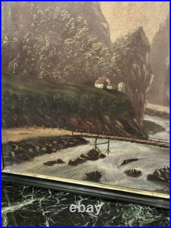 Peinture XIX Ème Signée Représentant Un Village De Montagne, Huile Sur Toile