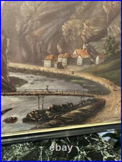 Peinture XIX Ème Signée Représentant Un Village De Montagne, Huile Sur Toile
