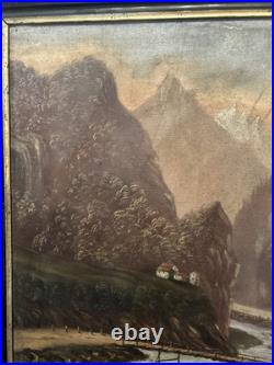 Peinture XIX Ème Signée Représentant Un Village De Montagne, Huile Sur Toile