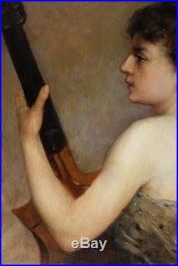 Peinture ancienne 19ème, Femme de profil jouant de la Guitare Vissenaire