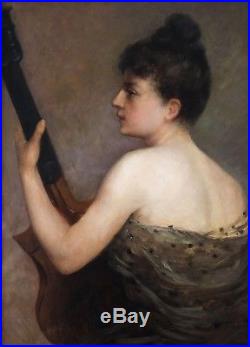 Peinture ancienne 19ème, Femme de profil jouant de la Mandoline