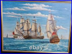Peinture ancienne, Huile Sur Toile Signée Représentant Une Marine