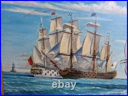Peinture ancienne, Huile Sur Toile Signée Représentant Une Marine