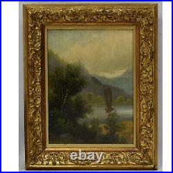 Peinture ancienne Paysage de montagne avec bateau sur un lac 52x42 cm
