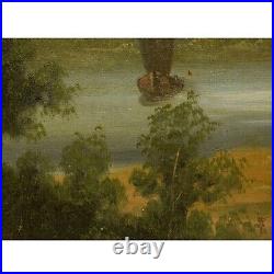 Peinture ancienne Paysage de montagne avec bateau sur un lac 52x42 cm