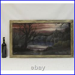 Peinture ancienne à l'huile Paysage de soirée romantique avec un lac 98x58 cm