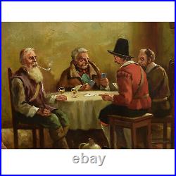 Peinture ancienne à l'huile Scène de genre d'un aubergiste jouant cartes 73x63