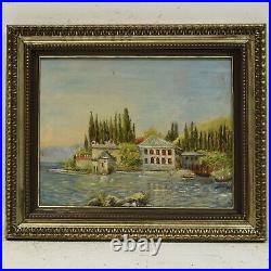 Peinture ancienne à l'huile Villa italienne Seascape au bord du lac 50x41 cm